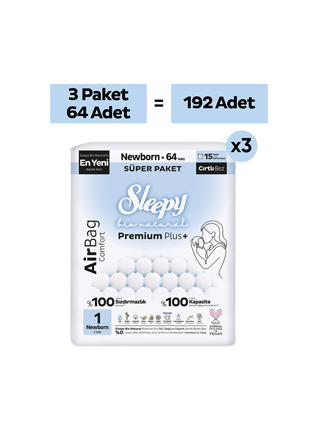 Bio Natural Premium Plus Airbag Comfort Mega Paket Bebek Bezi 1 Numara Newborn 192 Adet-1