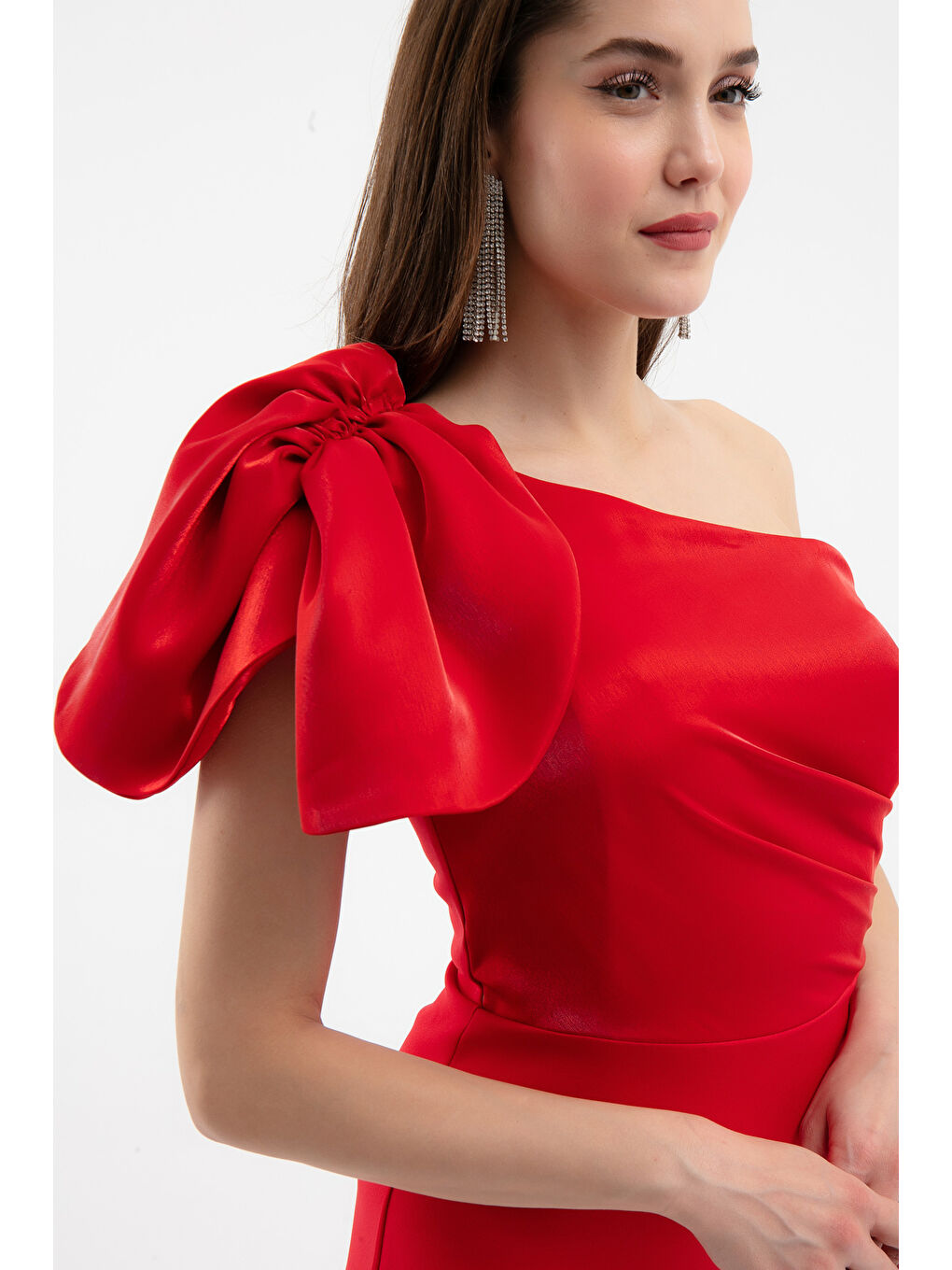 Kadın Kırmızı Organze Detay Midi Söz Nişan Nikah Abiye Elbise-3