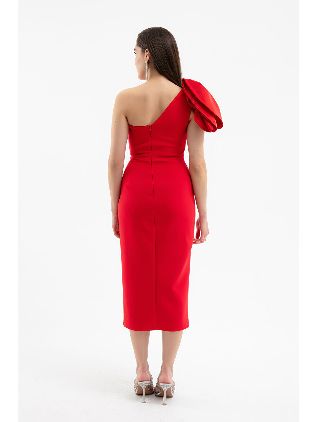 Kadın Kırmızı Organze Detay Midi Söz Nişan Nikah Abiye Elbise-4