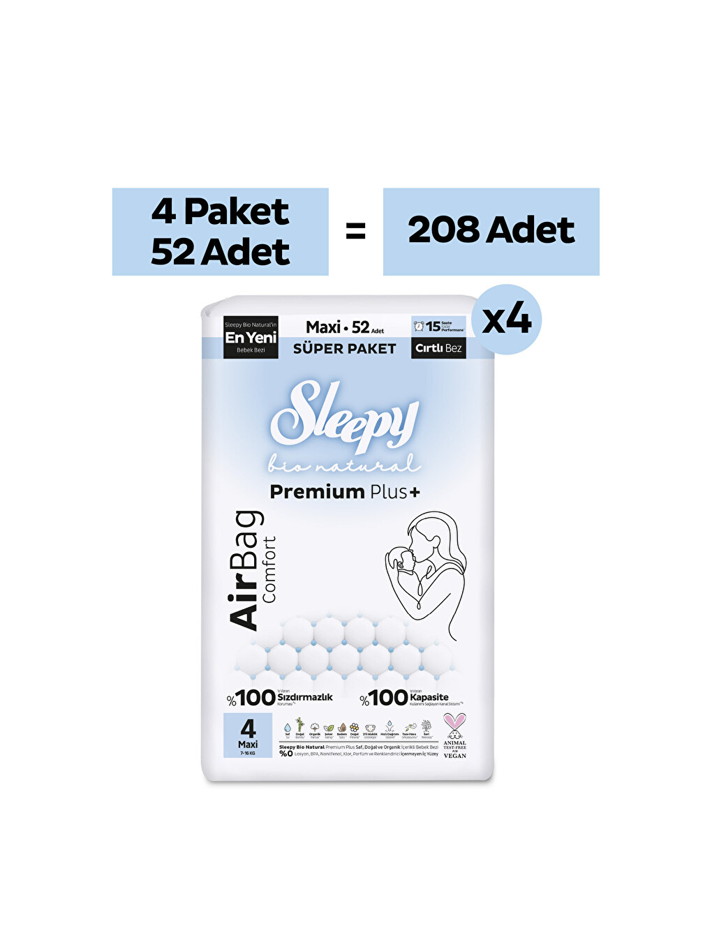 Bio Natural Premium Plus Airbag Comfort Ultra Paket Bebek Bezi 4 Numara Maxi 208 Adet-1