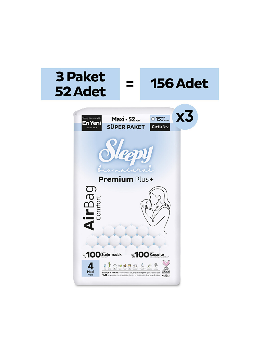 Bio Natural Premium Plus Airbag Comfort Mega Paket Bebek Bezi 4 Numara Maxi 156 Adet-1