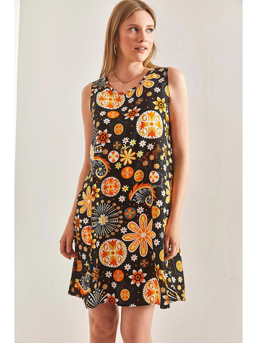 Turuncu Kadın Multi Desenli Elbise-3