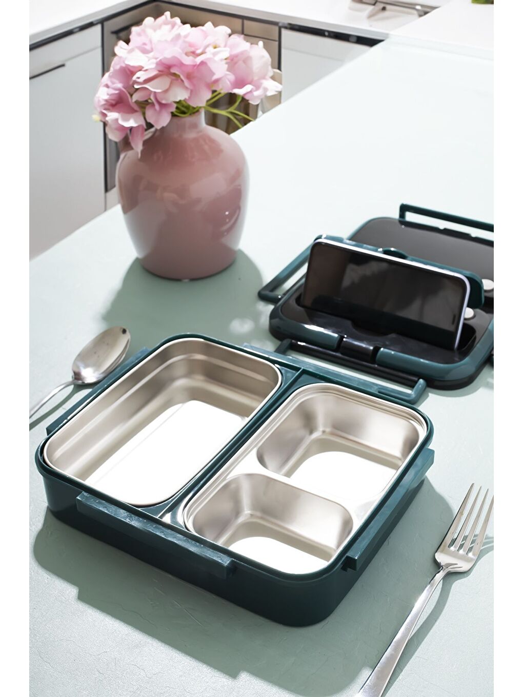 Ckr Çelik Isı Yalıtımlı 3 Bölmeli Yemek Termosu Beslenme Kutusu Lunchbox Sefer Tası - Yeşil-1