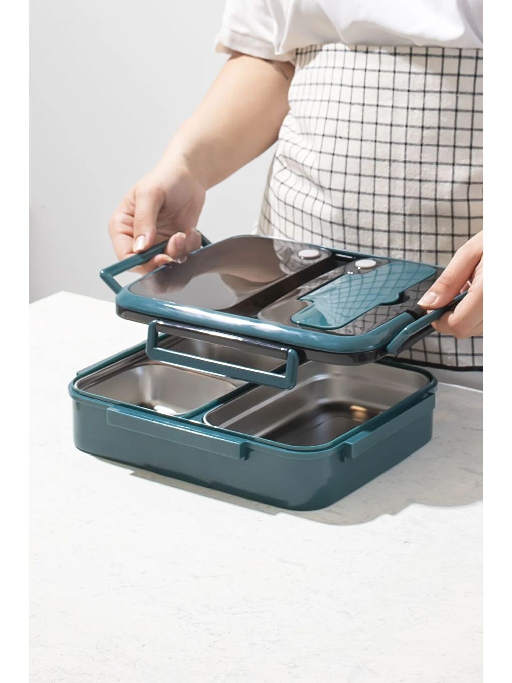 Ckr Çelik Isı Yalıtımlı 3 Bölmeli Yemek Termosu Beslenme Kutusu Lunchbox Sefer Tası - Yeşil-2