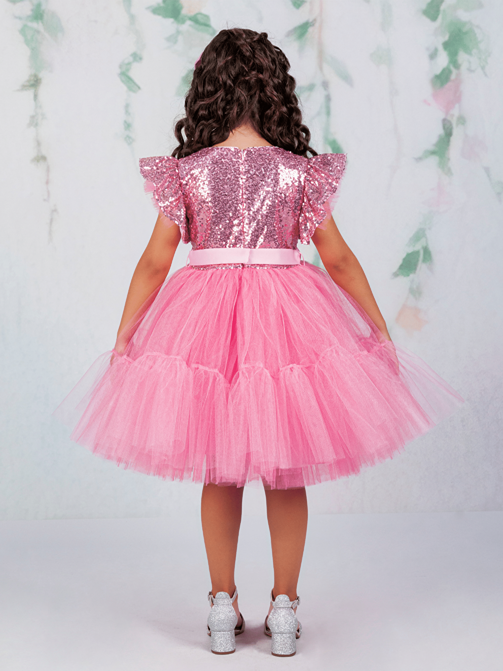 Pembe Bisiklet Yaka Pul Detaylı Tül Elbise ve Fiyonklu Taç-2