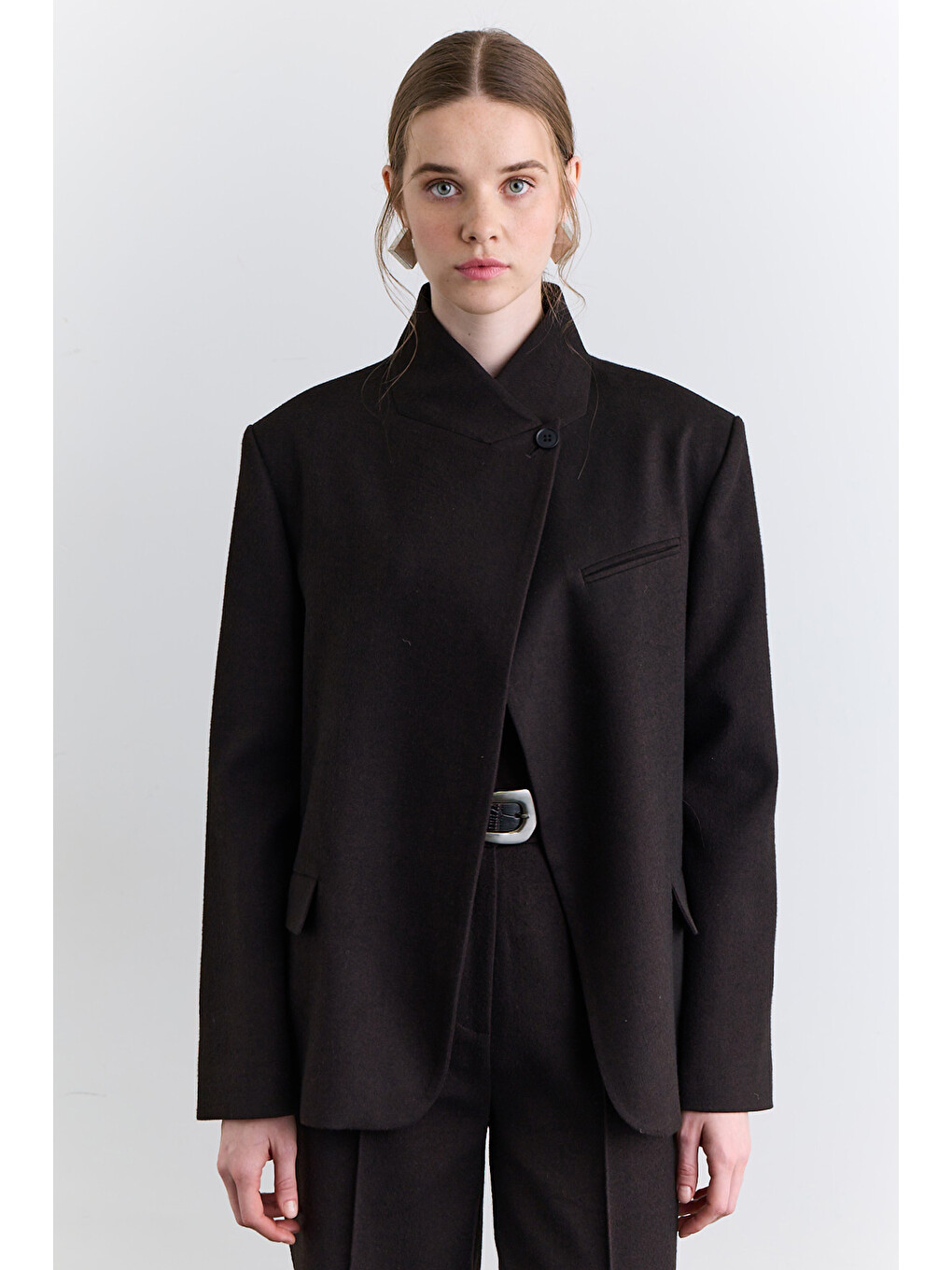 Yüksek Yaka Blazer Ceket Kahverengi-4