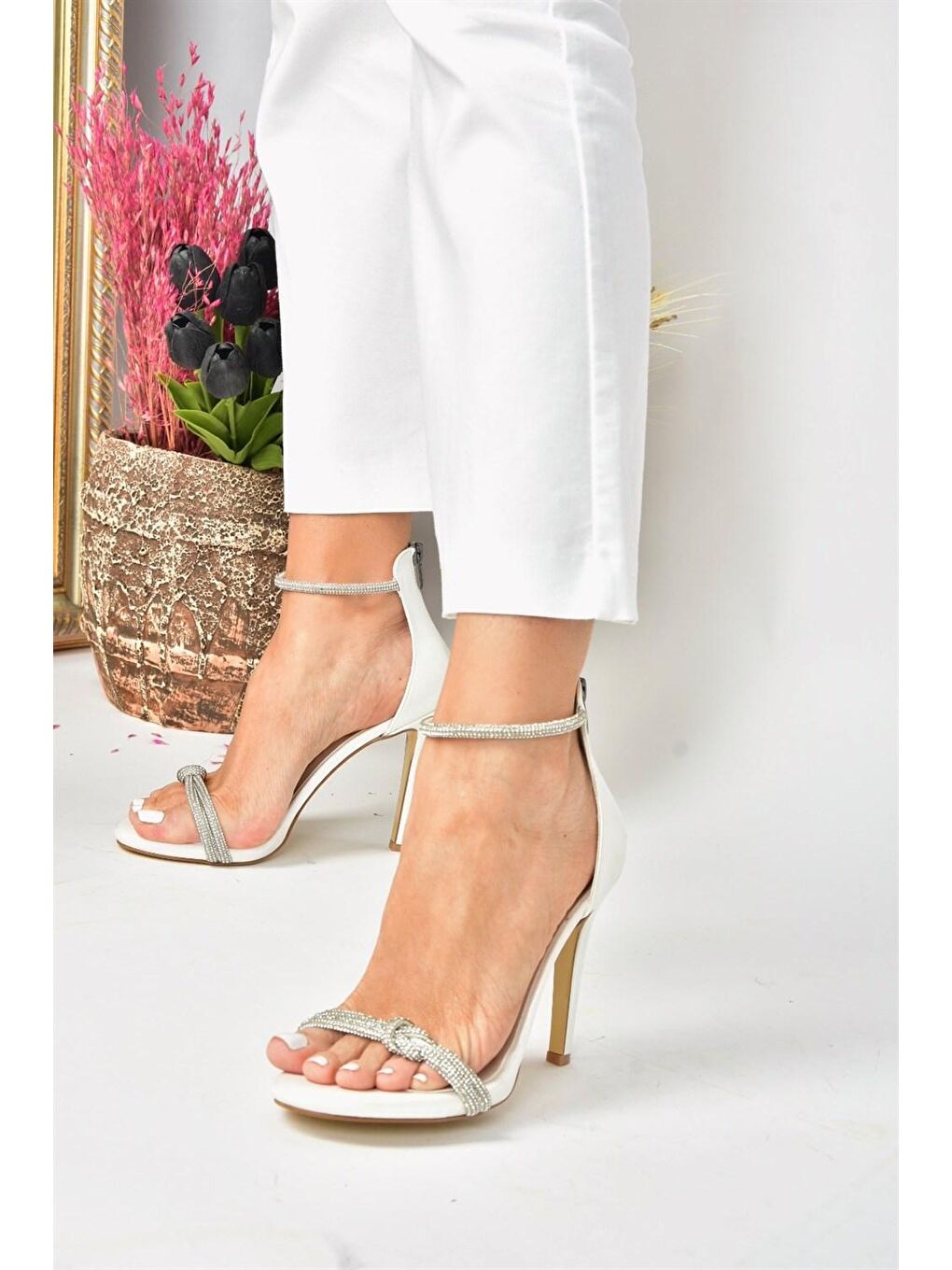 Ekru Sedef Taşlı Platform İnce Topuklu Abiye Ayakkabı M348090009-1
