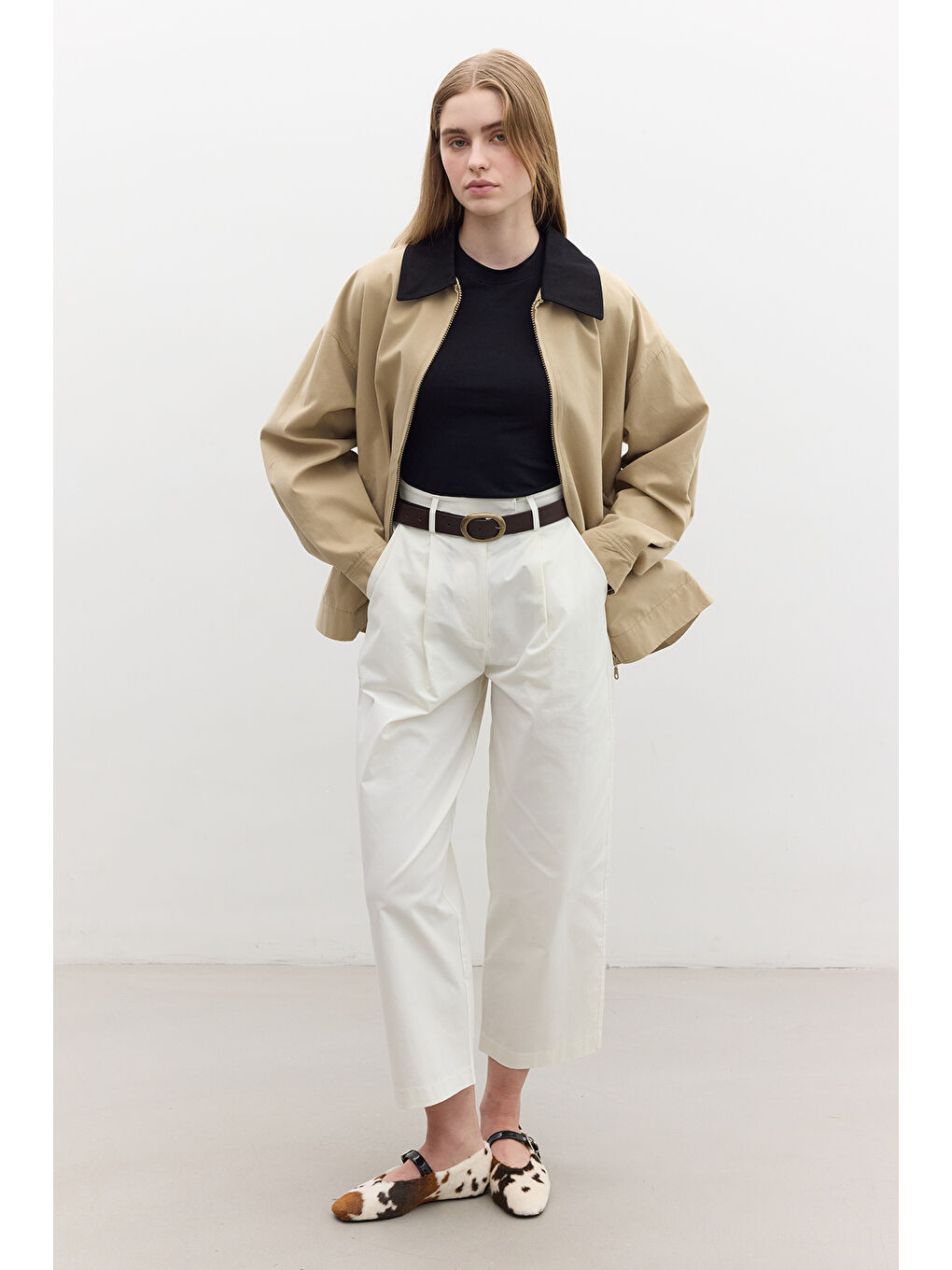 Pileli Gabardin Pantolon Ekru-1