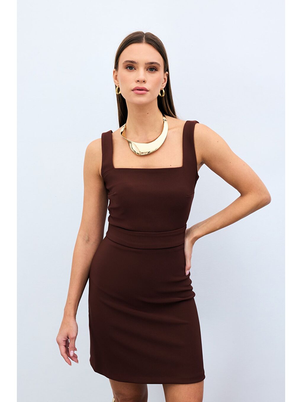 Kahverengi Kare Yaka Crop Bluz - Kahve-2