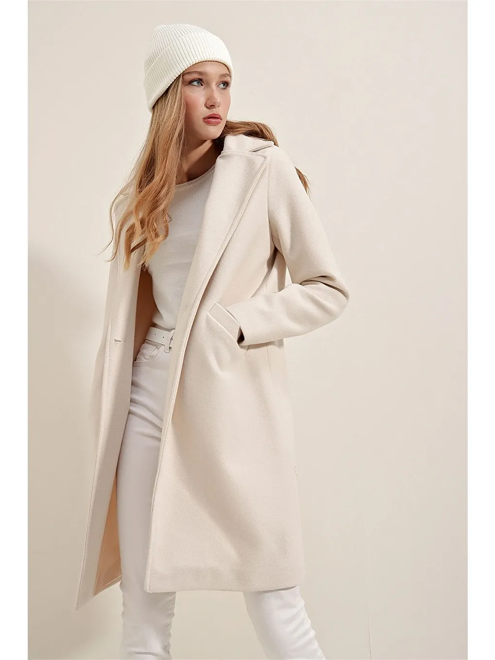 Ekru Kadın Kaşe Kaban-3