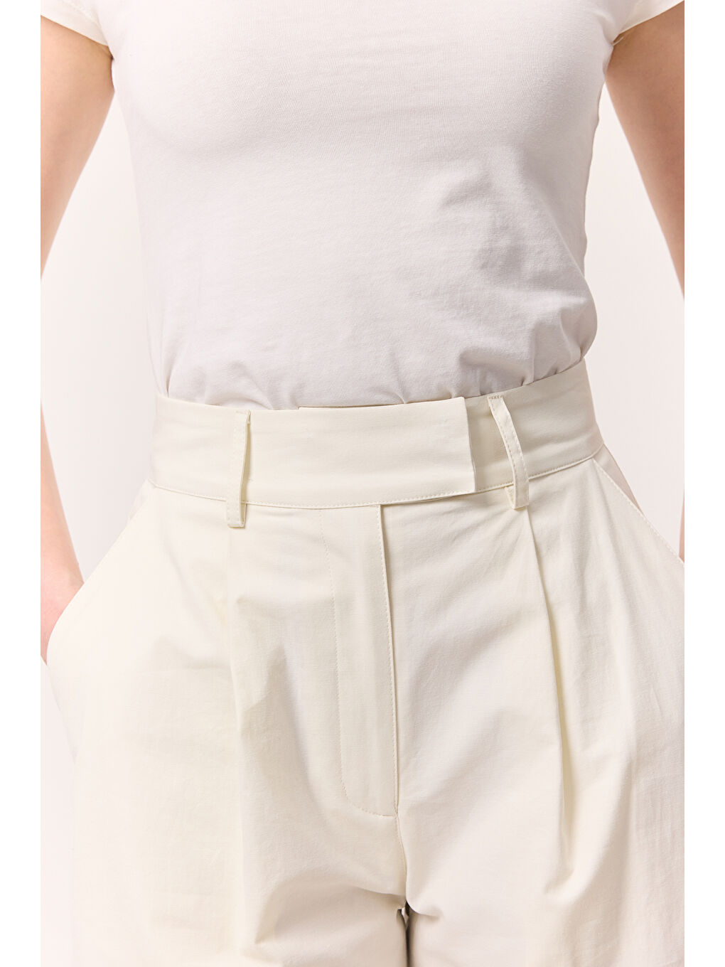 Pileli Gabardin Pantolon Ekru-2