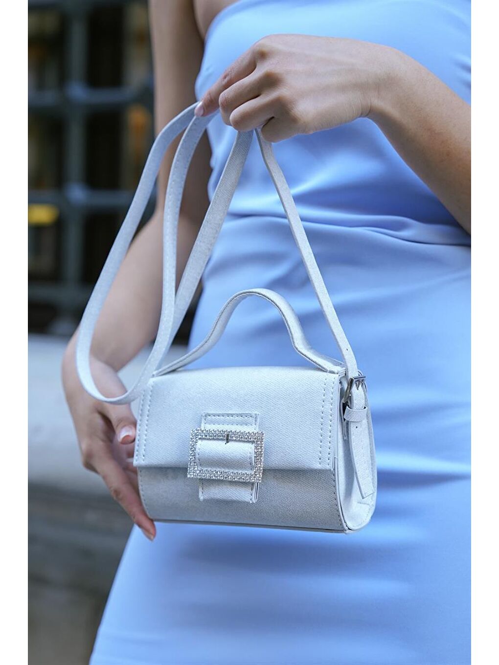 Uzun Saplı Jean Trend Çanta Açık Gri-2