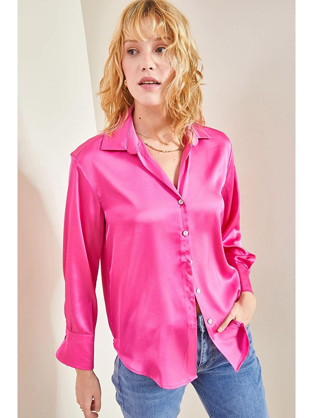Fuşya Kadın Basic Saten Düz Gömlek