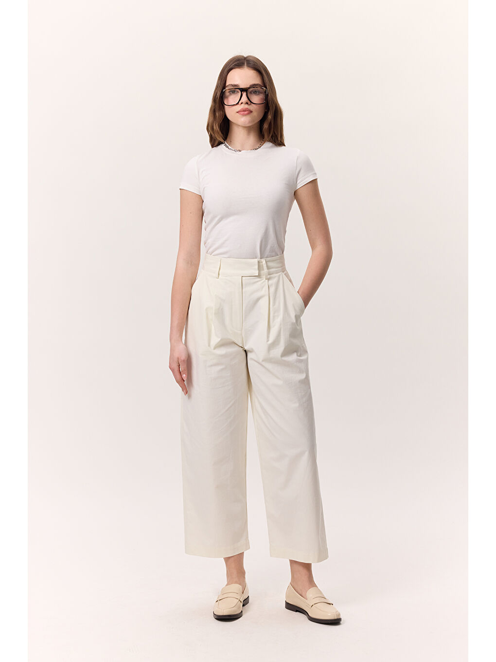 Pileli Gabardin Pantolon Ekru-3