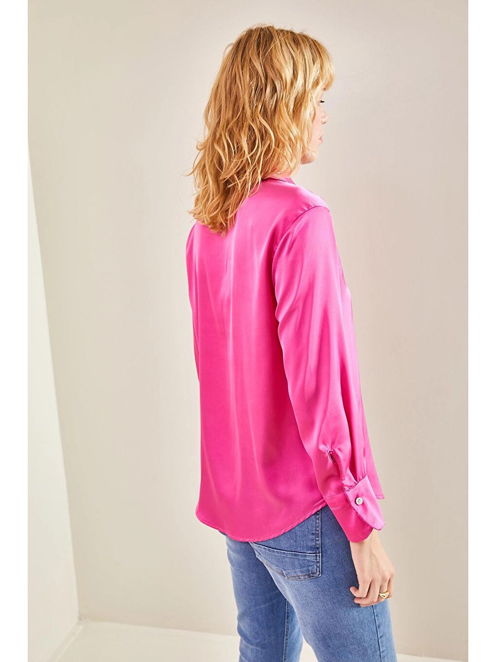 Fuşya Kadın Basic Saten Düz Gömlek-1