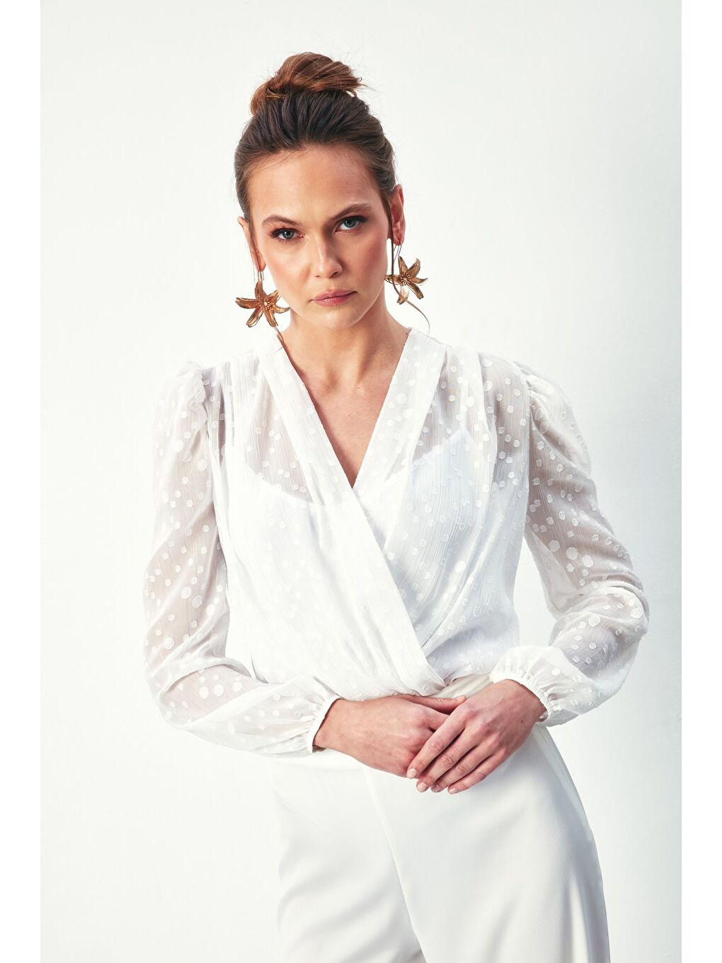 Desenli Kruvaze Bodysuit Bluz - Ekru-2