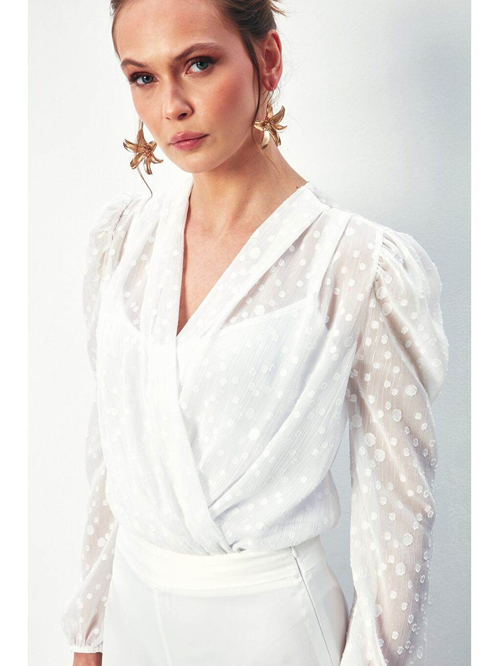 Desenli Kruvaze Bodysuit Bluz - Ekru-3