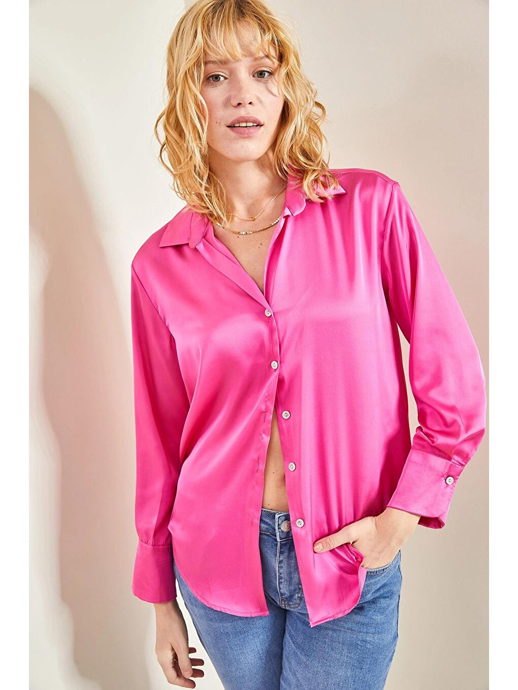Fuşya Kadın Basic Saten Düz Gömlek-2