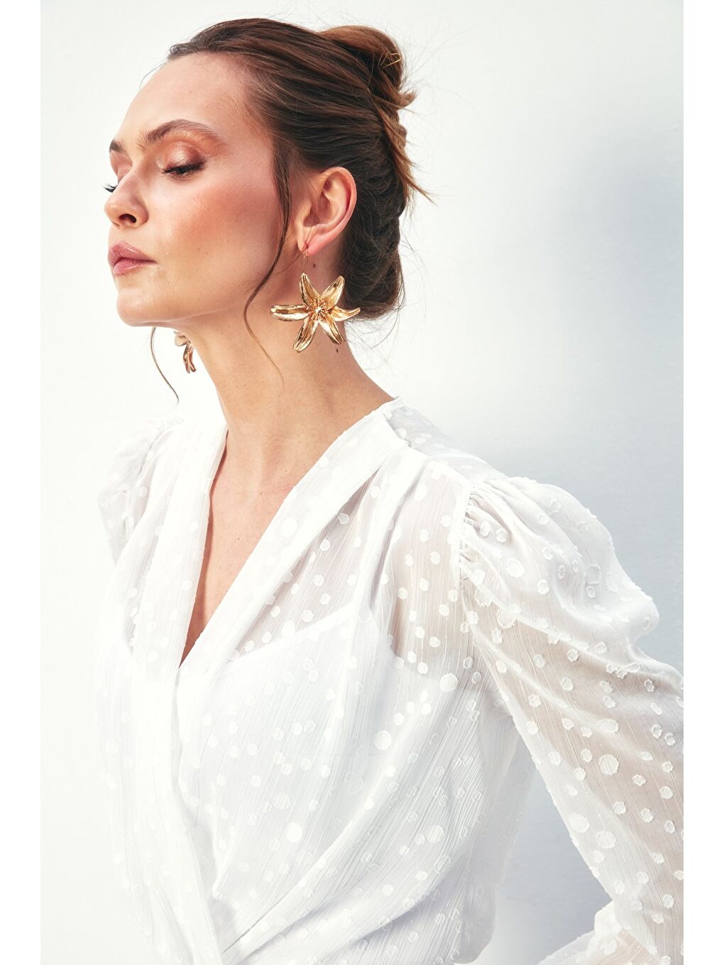 Desenli Kruvaze Bodysuit Bluz - Ekru-5