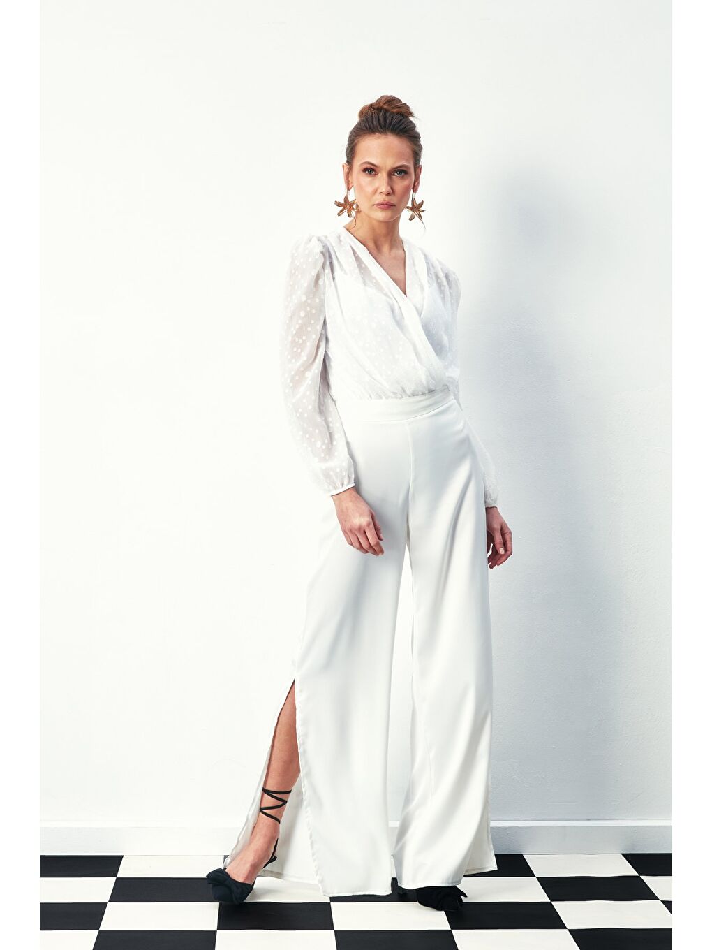 Desenli Kruvaze Bodysuit Bluz - Ekru-6