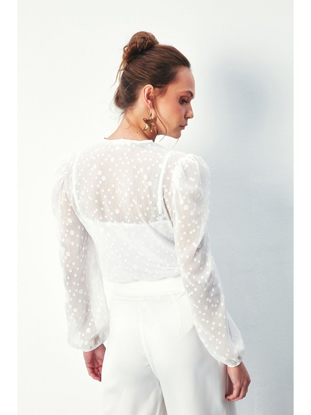 Desenli Kruvaze Bodysuit Bluz - Ekru-7