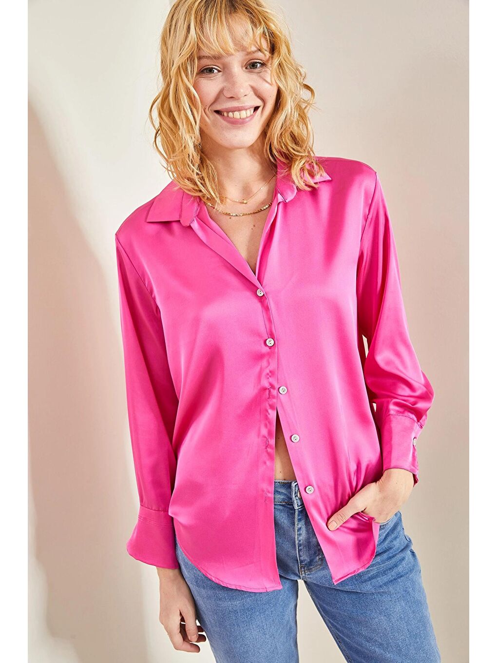 Fuşya Kadın Basic Saten Düz Gömlek-3