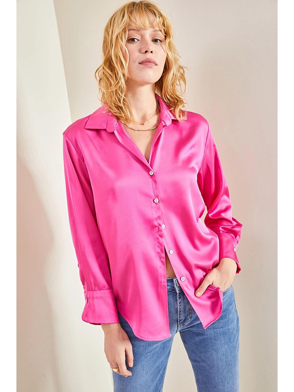 Fuşya Kadın Basic Saten Düz Gömlek-4