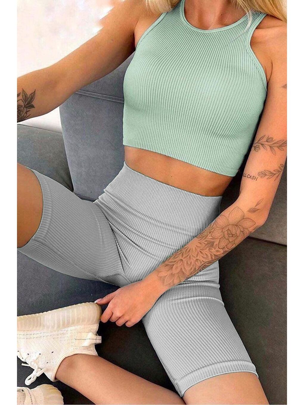 Boyalı Gri Yüksek Bel Kadın Fitilli Biker Tayt Mg1675-1