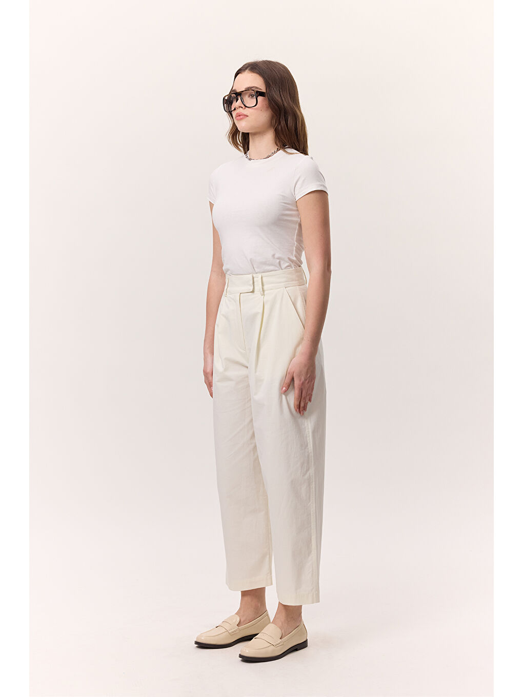 Pileli Gabardin Pantolon Ekru-4