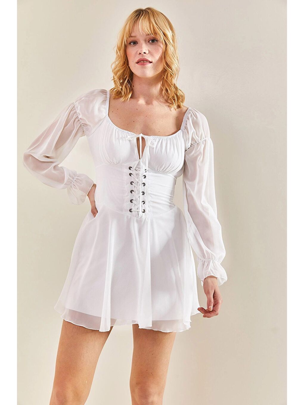 Beyaz Kadın Önü Ayarlanabilir Kuş Gözlü Şifon Elbise-1