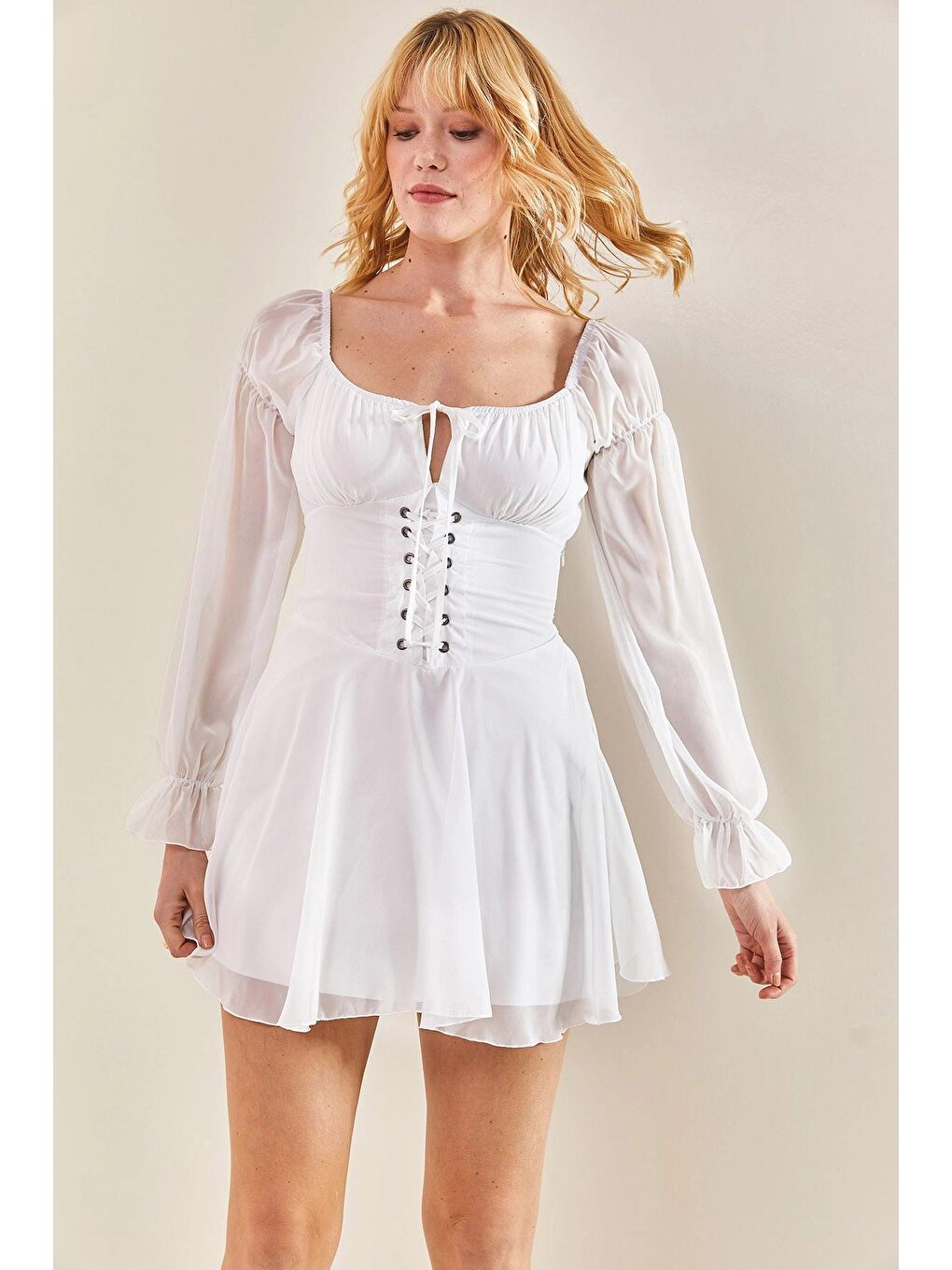 Beyaz Kadın Önü Ayarlanabilir Kuş Gözlü Şifon Elbise-2