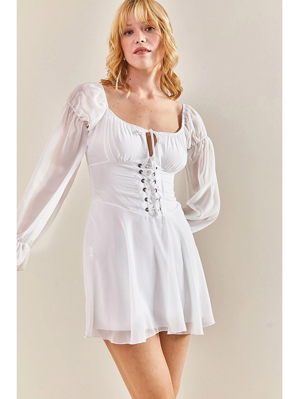 Beyaz Kadın Önü Ayarlanabilir Kuş Gözlü Şifon Elbise-4