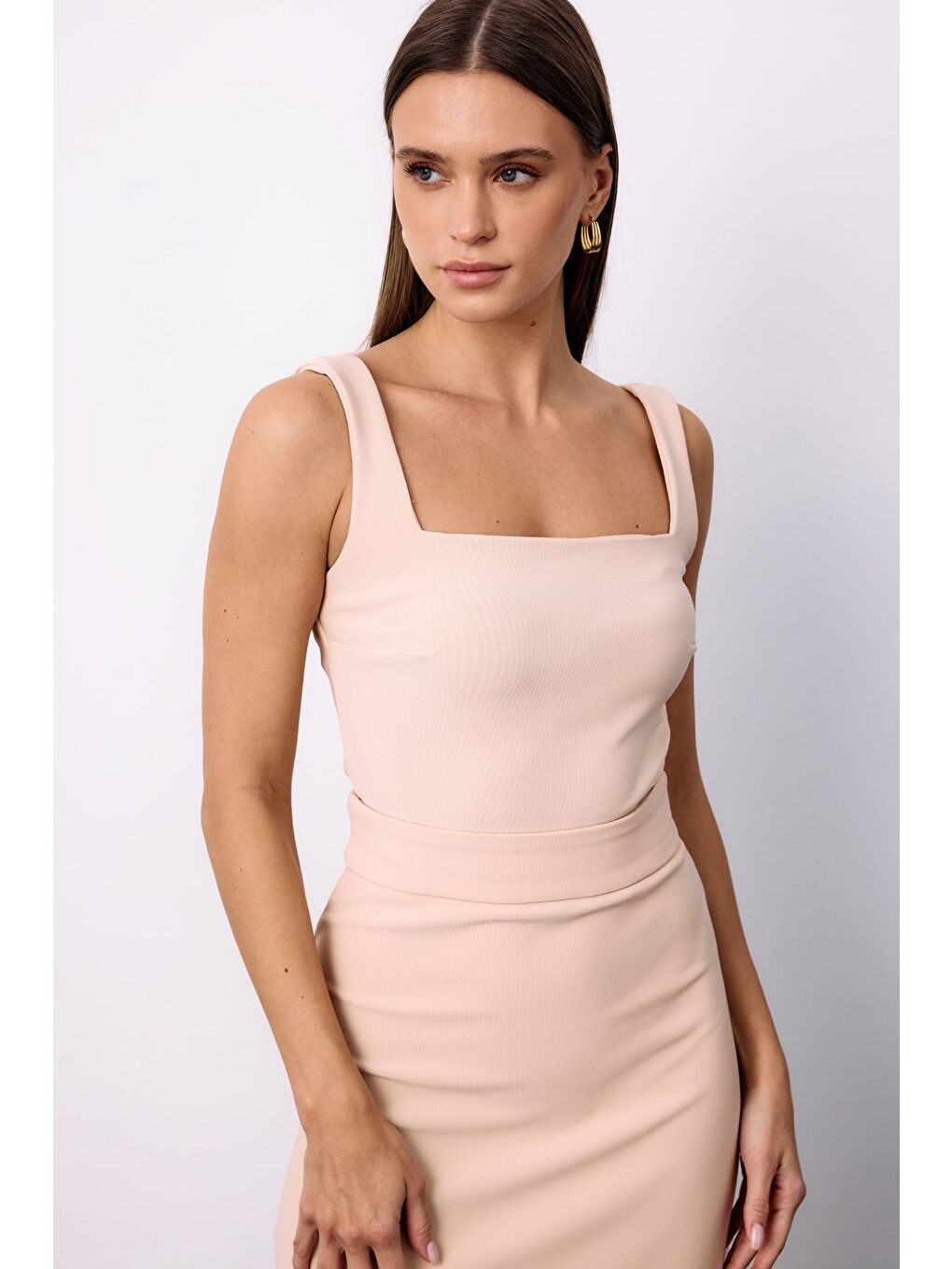 Kare Yaka Crop Bluz - Bej-1