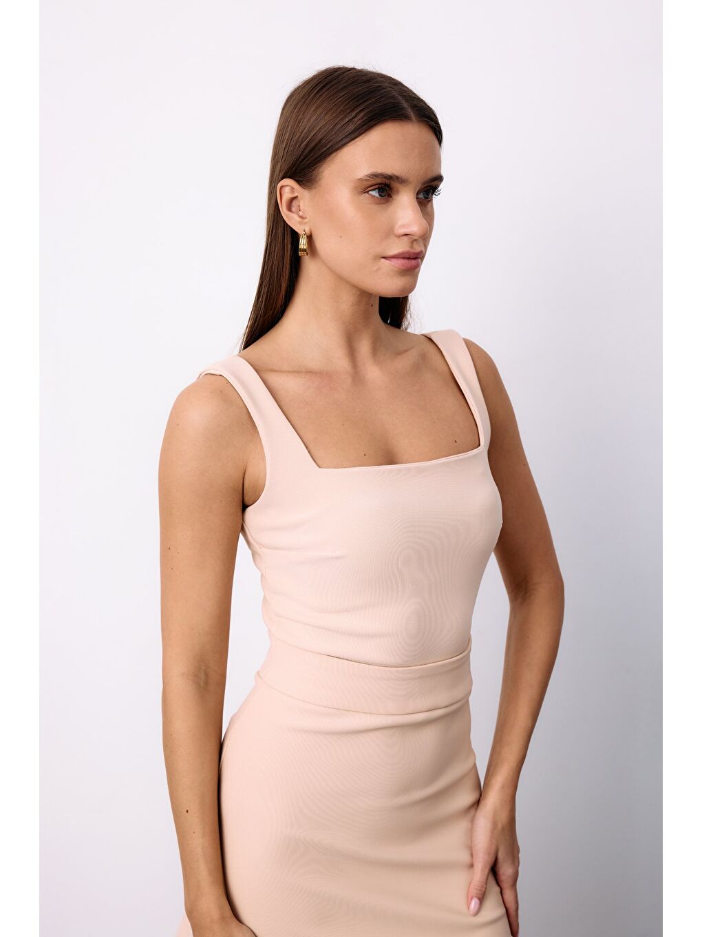 Kare Yaka Crop Bluz - Bej-2