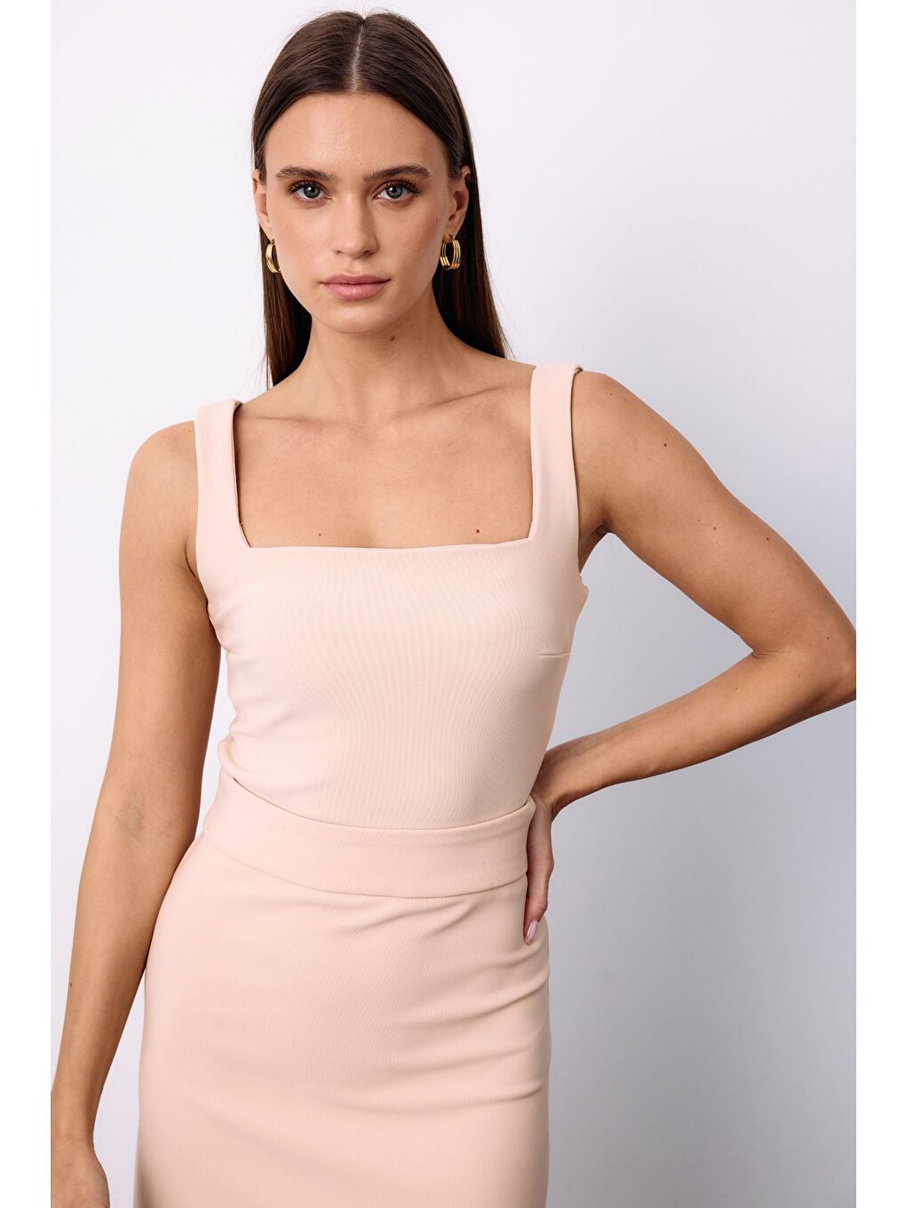 Kare Yaka Crop Bluz - Bej-3