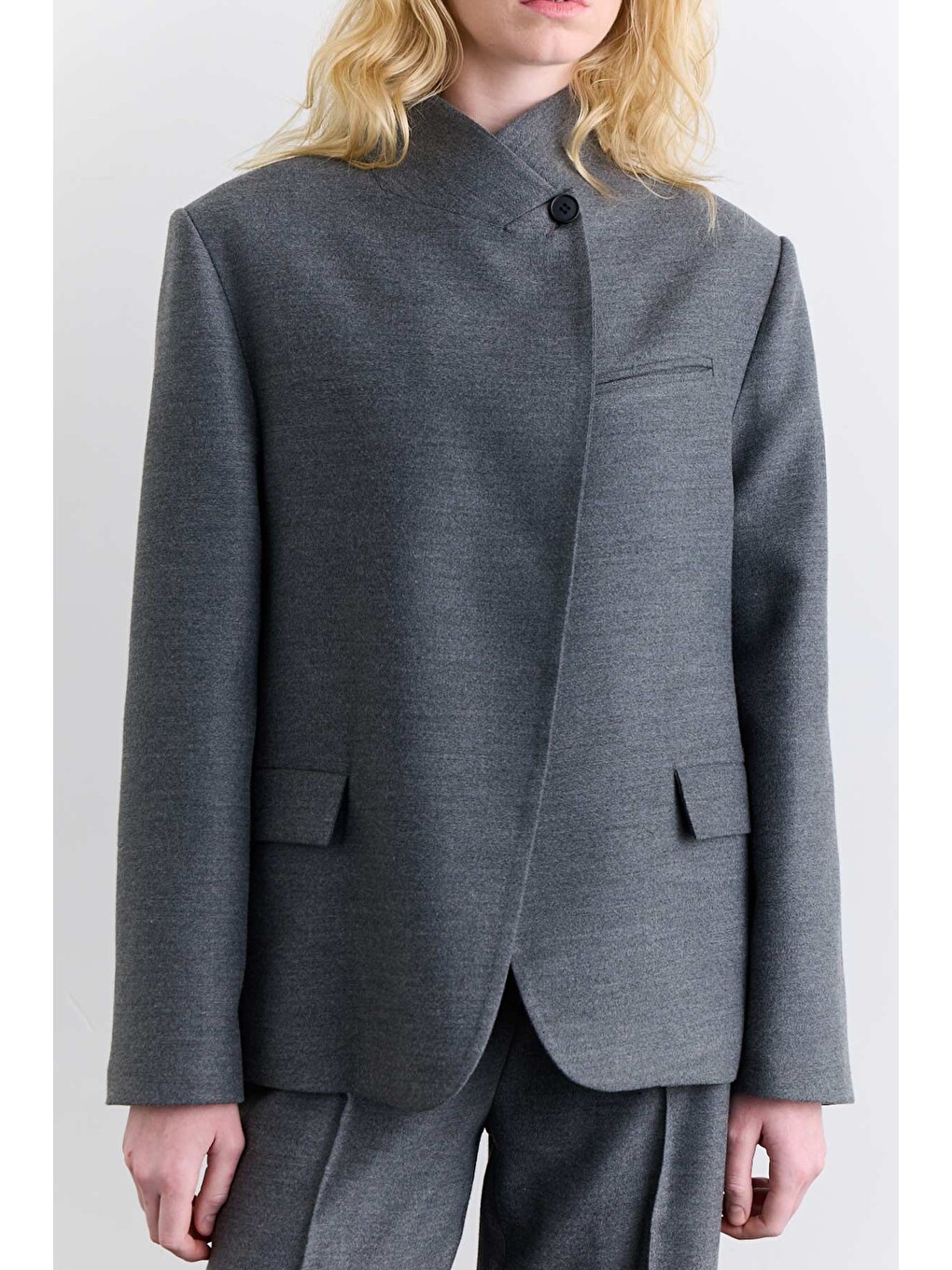 Yüksek Yaka Blazer Ceket Gri-7