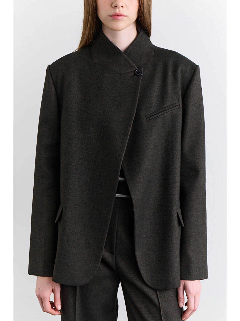 Yüksek Yaka Blazer Ceket Haki-6