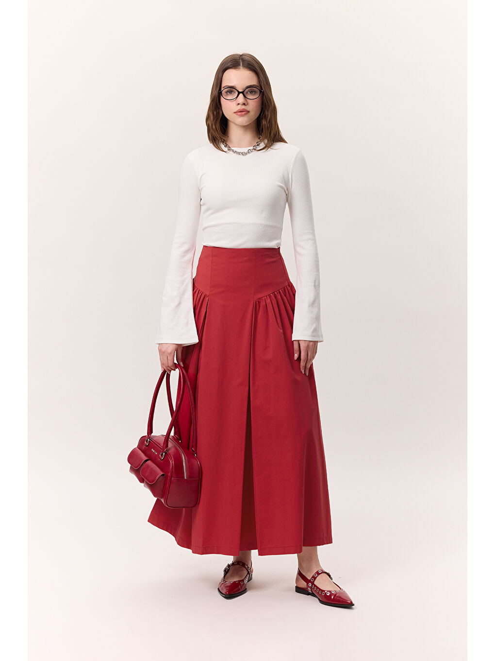 Büzgülü Gabardin Etek Kırmızı-1