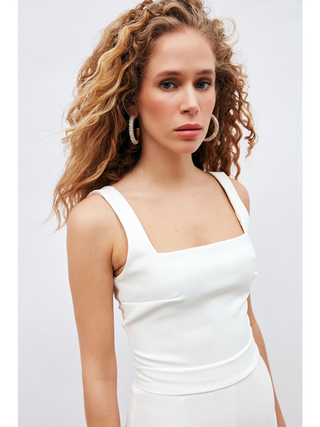 Kare Yaka Crop Bluz - Ekru-1