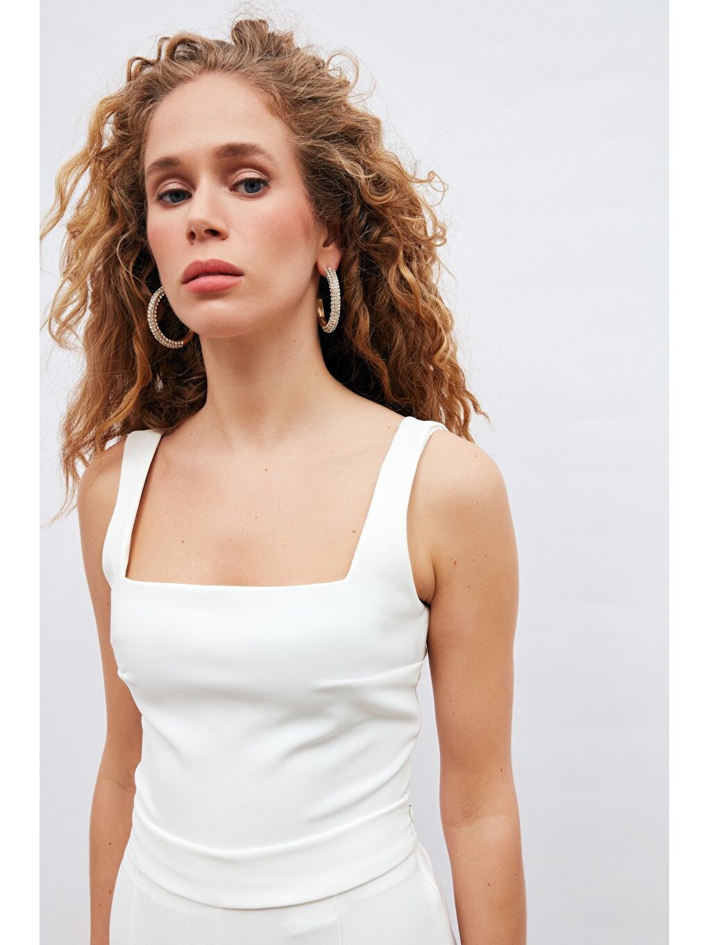 Kare Yaka Crop Bluz - Ekru-2