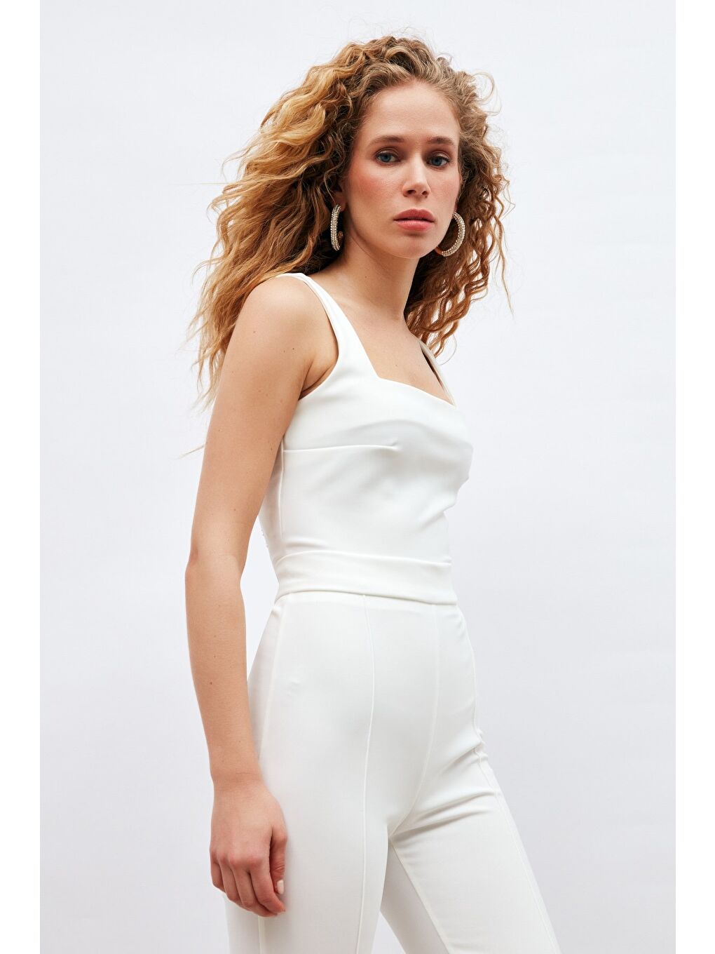 Kare Yaka Crop Bluz - Ekru-3