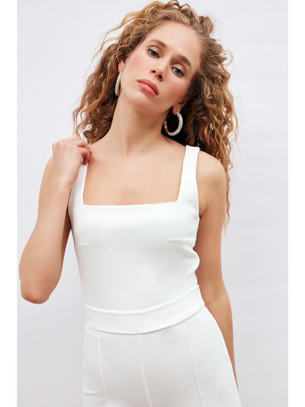 Kare Yaka Crop Bluz - Ekru-4