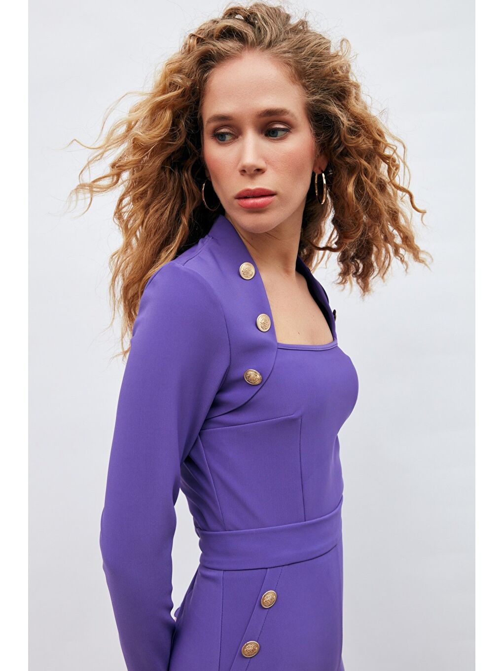 Düğme Detaylı Bluz - Mor-1