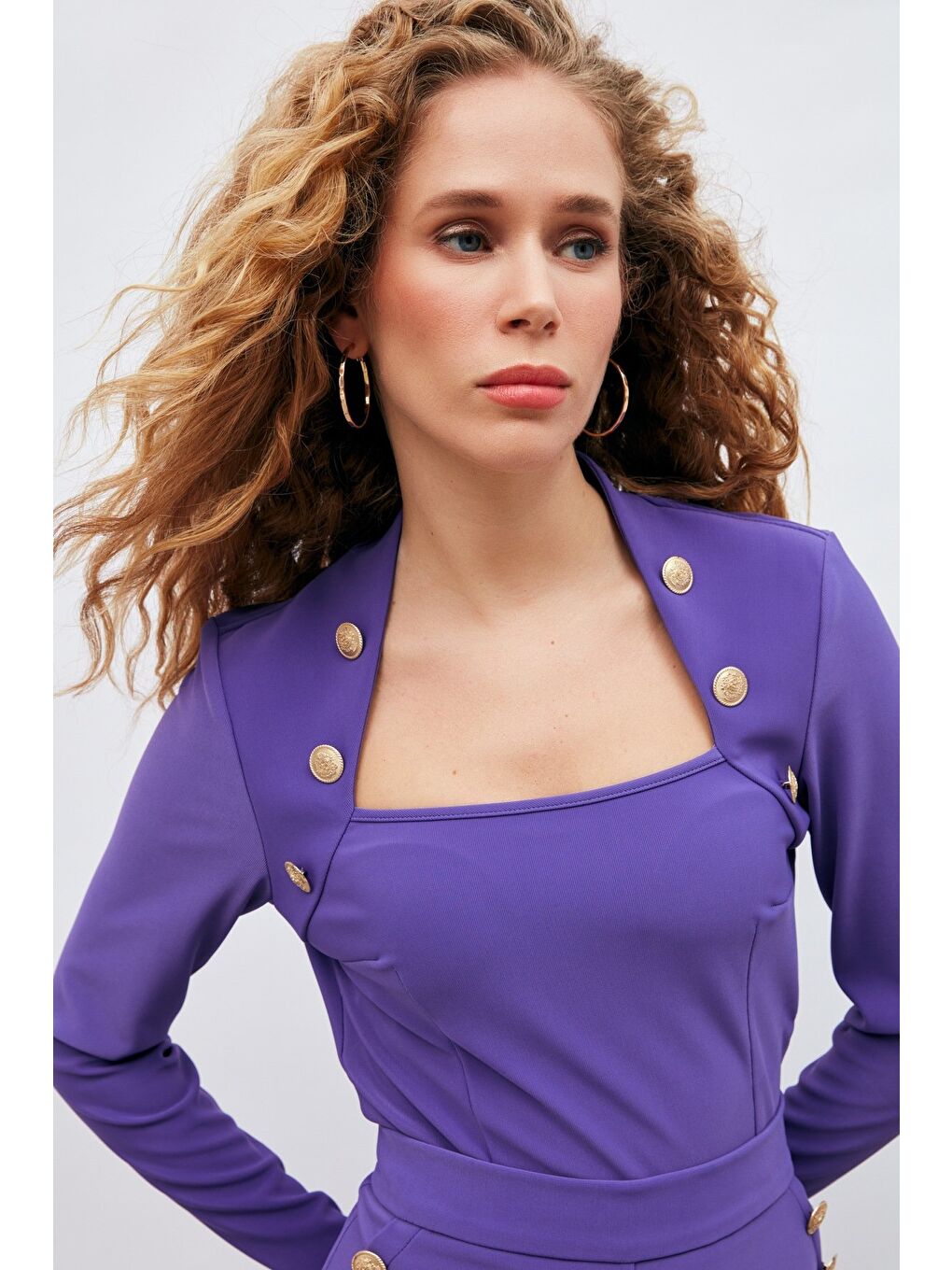 Düğme Detaylı Bluz - Mor-2