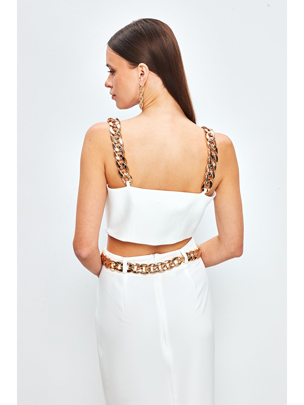 Gold Zincir Askılı Crop Bluz - Ekru-4