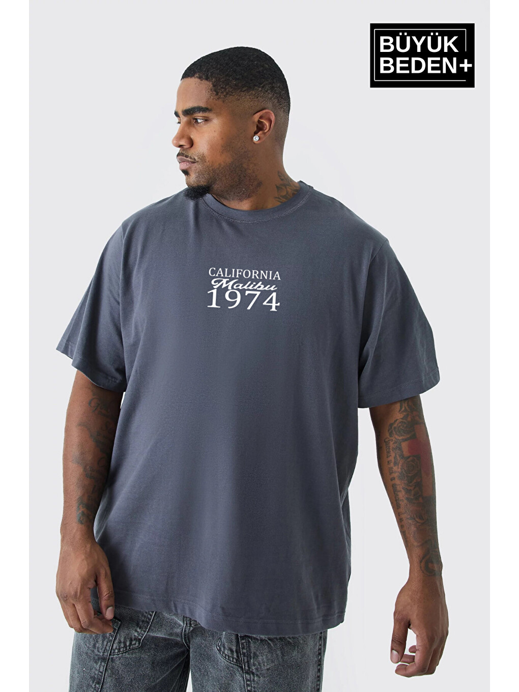 Gri Erkek Büyük Beden California 1974 Baskılı 3xl-6xl Bisiklet Yaka Tişört Spr26tbs510-02-1
