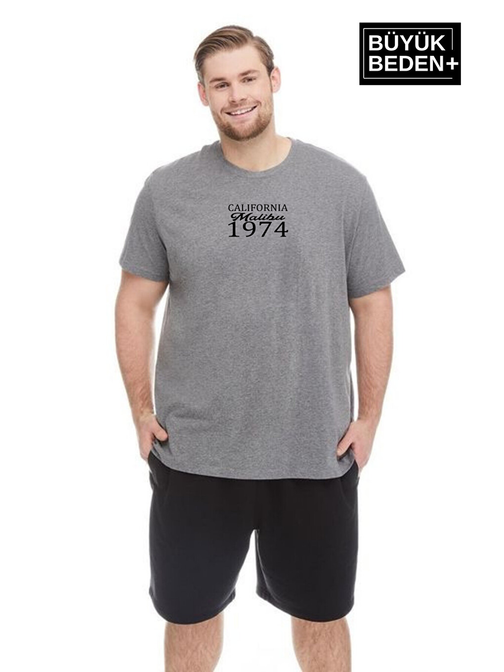 Gri Erkek Büyük Beden California 1974 Baskılı 3xl-6xl Bisiklet Yaka Tişört Spr26tbs510-02