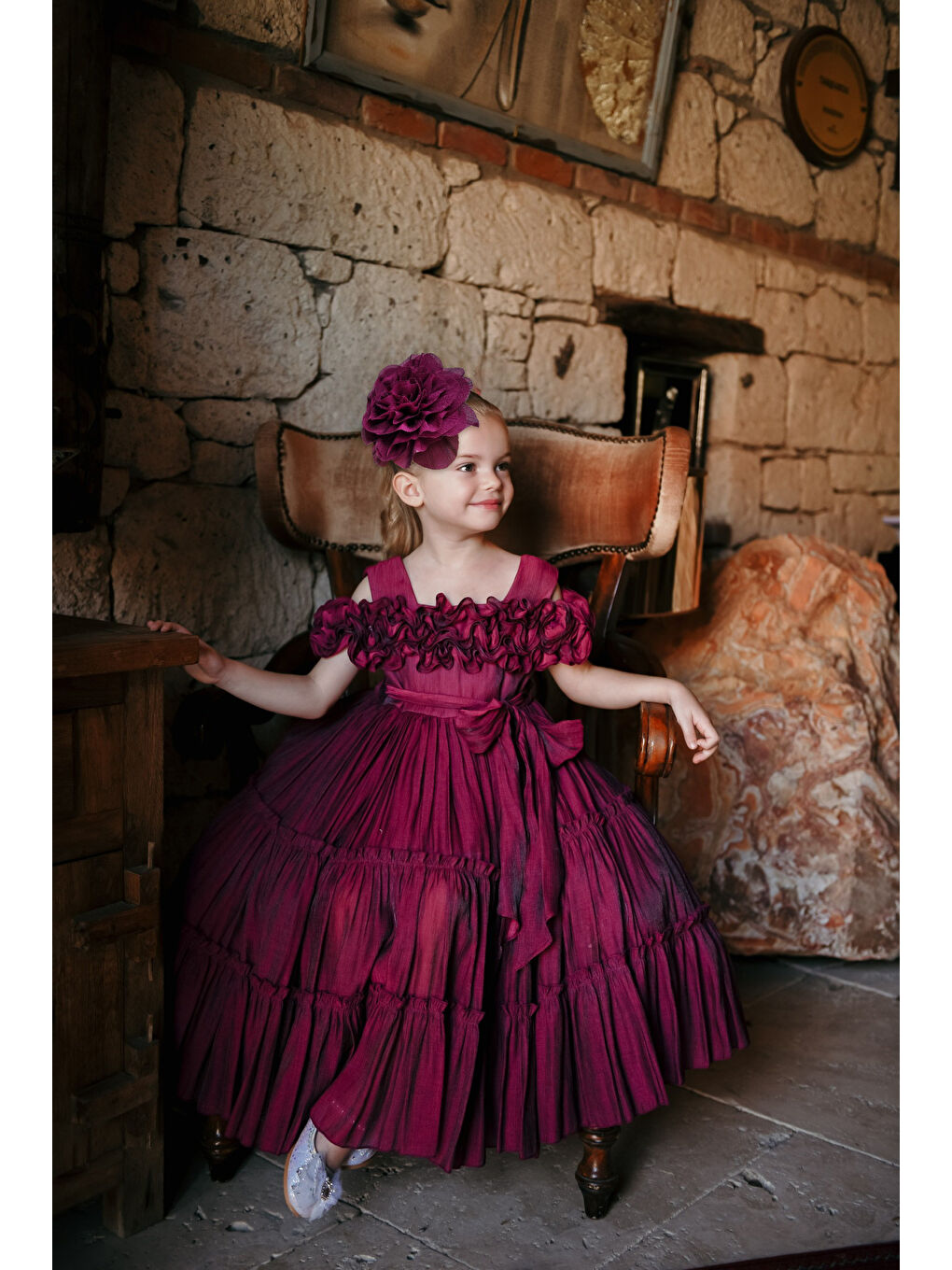 Fuşya Kız Çocuk Özel Abiye Elbise   Fırfırlı  Özel Tasarım   Taç Aksesuarlı Abiye Elbise_2462-1