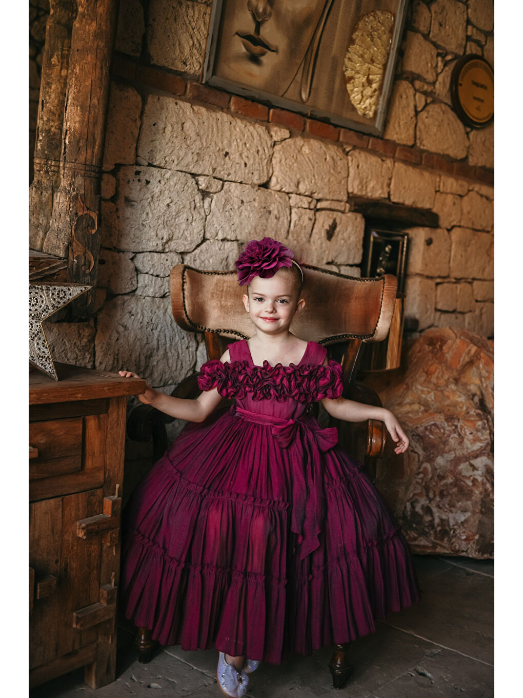 Fuşya Kız Çocuk Özel Abiye Elbise   Fırfırlı  Özel Tasarım   Taç Aksesuarlı Abiye Elbise_2462-2
