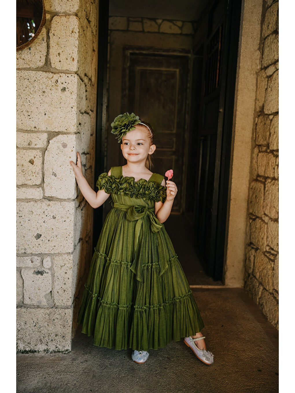Yeşil Kız Çocuk Özel Abiye Elbise   Fırfırlı  Özel Tasarım   Taç Aksesuarlı Abiye Elbise_2462